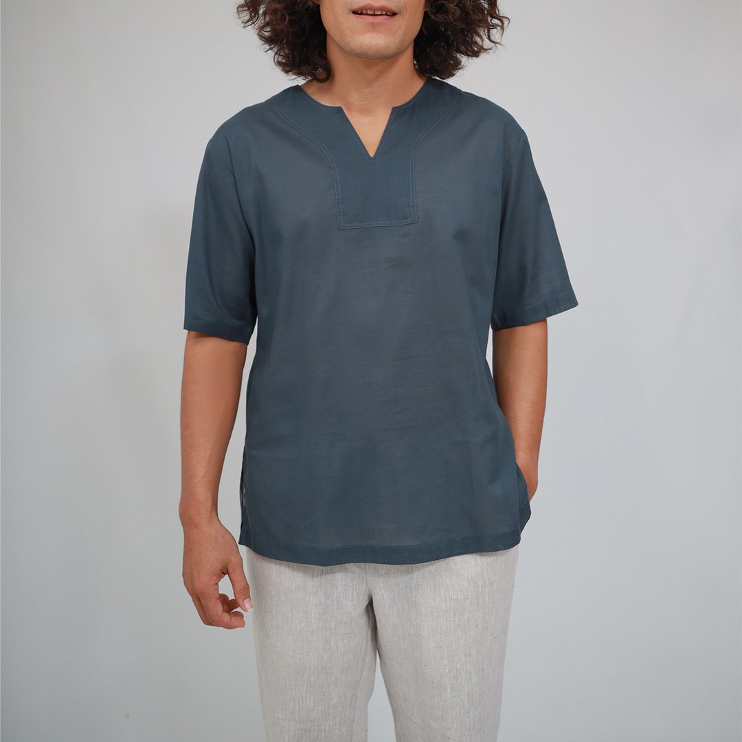 男士棉质衬衫, 套头棉质上衣, 夏季衬衫, Henry, 灰色 - 男装上衣/T 恤 - 棉 灰色