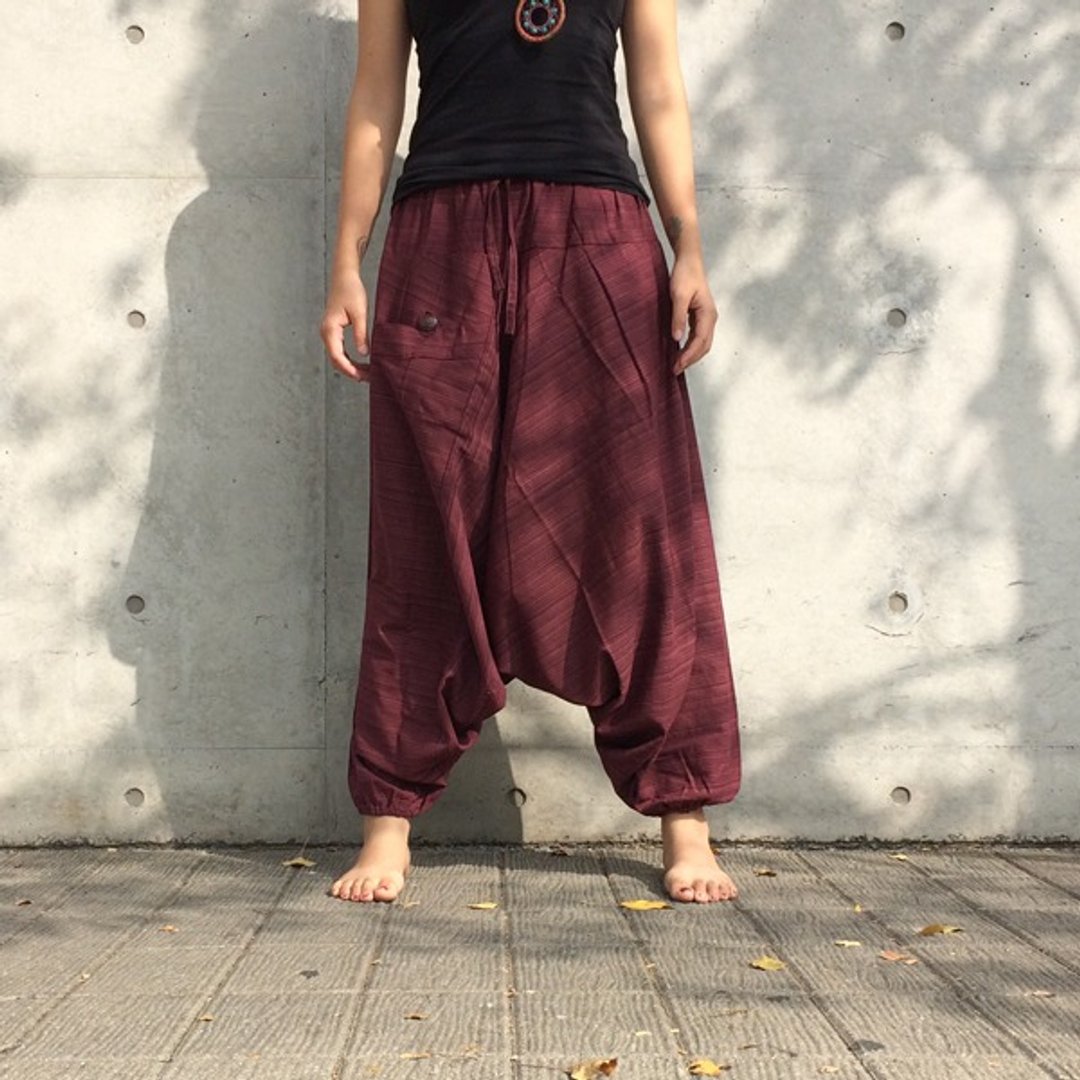 旅行裤-阿里巴巴裤 (勃艮第红)(单口袋)(条纹棉麻) - 女装长裤 - 棉 红色