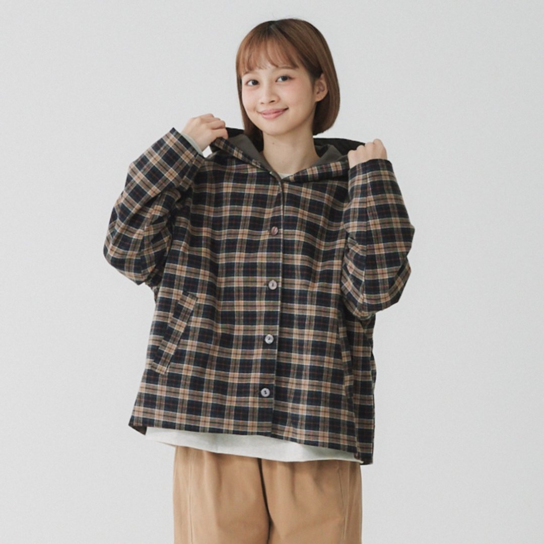 【Simply Yours】连帽钮扣格子外套 咖黑F - 女装休闲/机能外套 - 棉 咖啡色