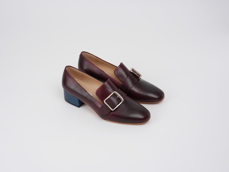 3.4 饰扣乐福跟鞋 - 枣红 - 女款牛津鞋/乐福鞋 - 真皮 红色