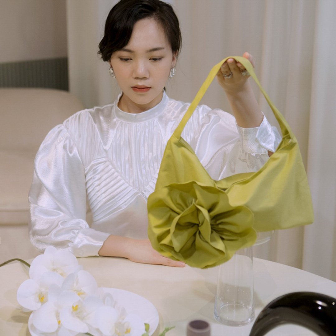 山茶花腋下包 法棍包 侧背包 手提包 牛油果绿 - 侧背包/斜挎包 - 棉 绿色
