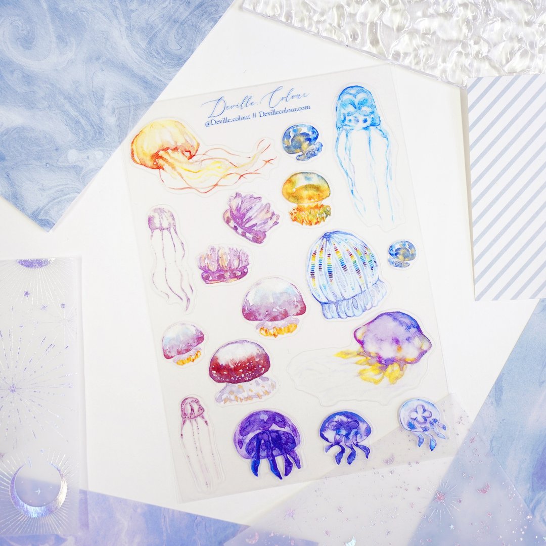 【深海水母】水彩插画 白墨PET贴纸 手帐 防水 啫哩鱼 海洋生物 - 贴纸 - 塑料 多色