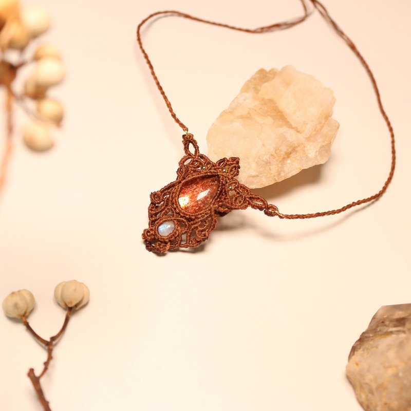 天然石月光石太阳石蜡线编织项链 - 项链 - 水晶 橘色