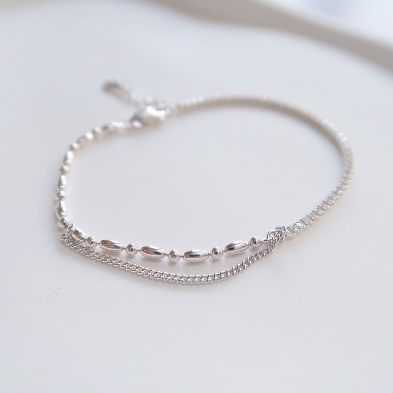 925纯银 不对称椭圆珠 晶亮锆石 双链 手链 免费送礼包装 - 手链/手环 - 纯银 白色