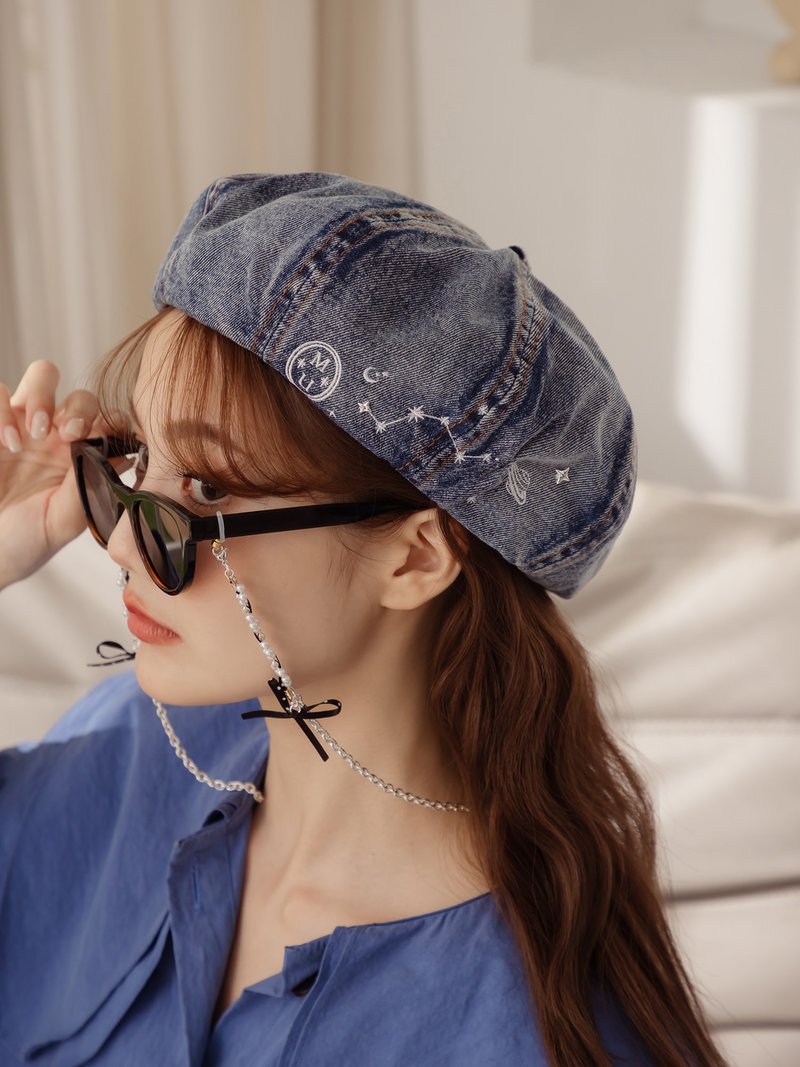 银河守护者。MUCHAT手作刺绣星月丹宁贝蕾帽 - 帽子 - 聚酯纤维 蓝色