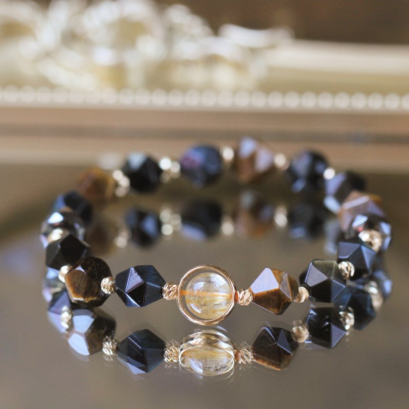 金发晶 虎眼石 黑曜石 8mm 事业招财 健康避邪水晶手链 肯尼亚探密 - 手链/手环 - 水晶 黑色