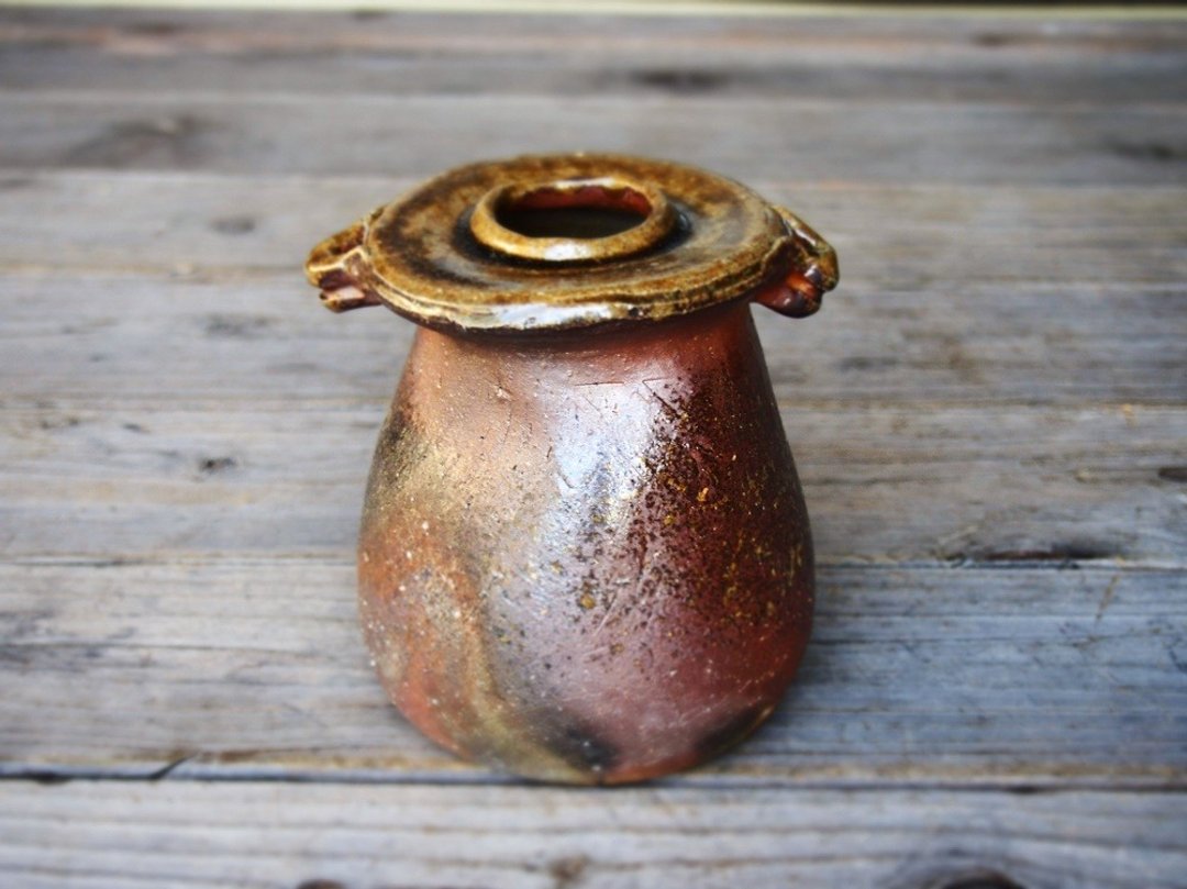 Bizen flower case with ears (with paulownia box) h1-027 - 植栽/盆栽 - 陶 咖啡色