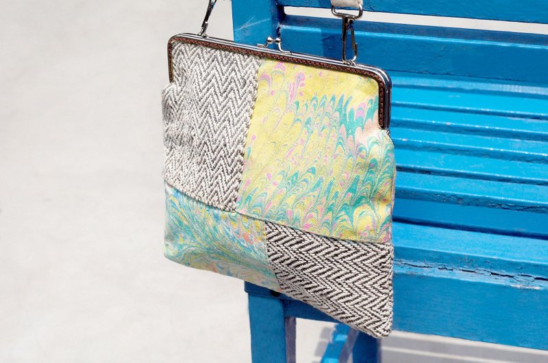 手工拼布侧背包 手工麻袋 斜背包口金包肩背包-手染水彩帆布 棉麻 - 侧背包/斜挎包 - 棉．麻 多色