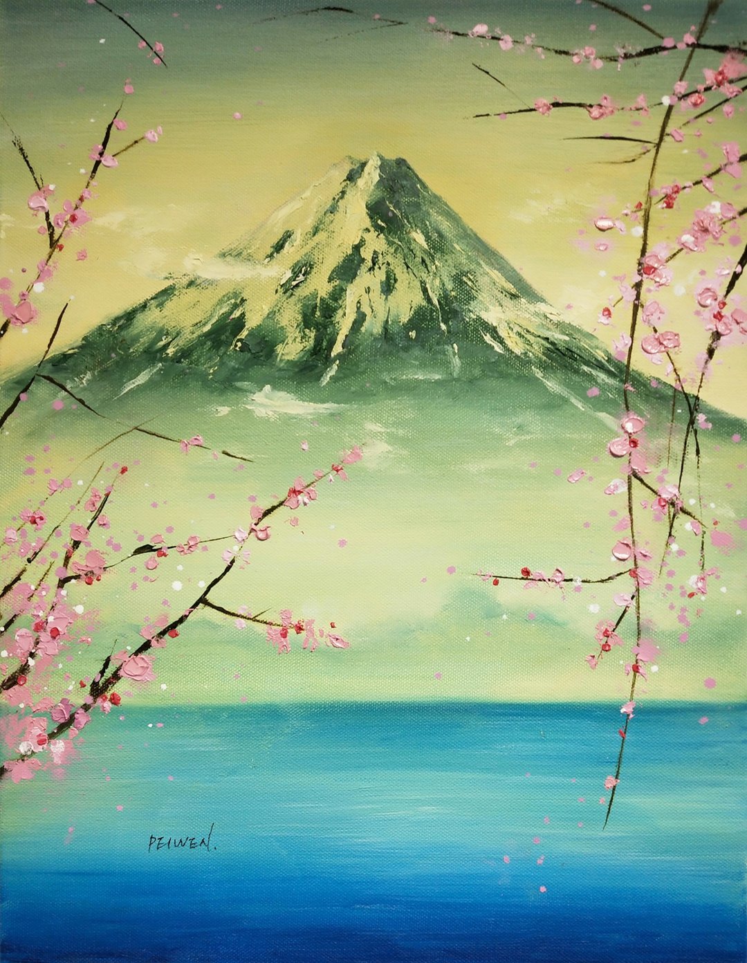 陈佩文油画创作  富士山 樱花望 - 海报/装饰画/版画 - 颜料 粉红色
