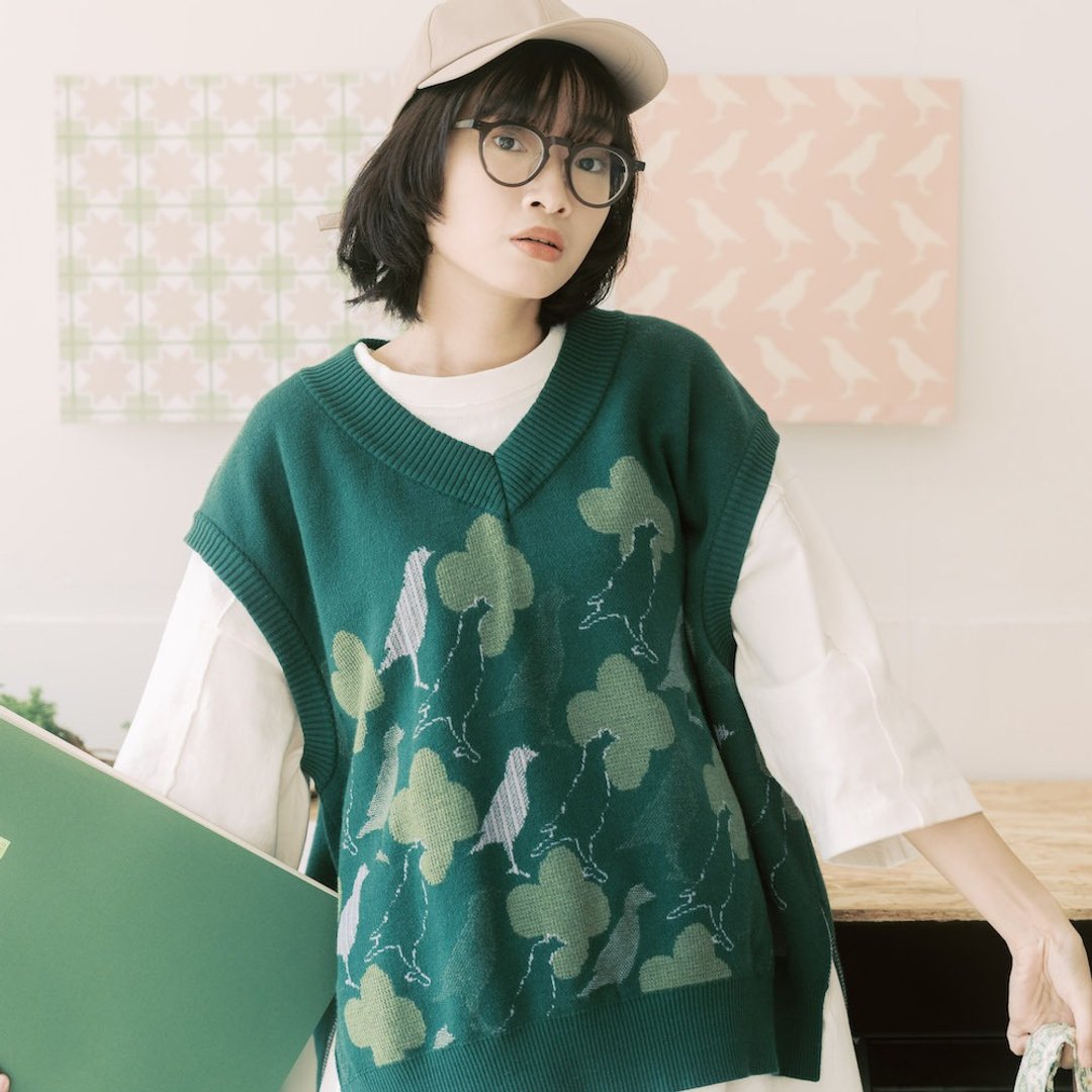 针织毛衣背心/软冬绽花/海棠八哥2号/森林绿 - 女装针织衫/毛衣 - 聚酯纤维 绿色