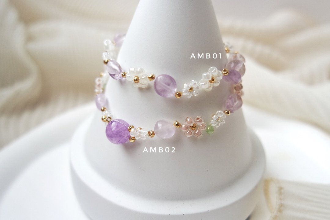 紫水晶 日本玻璃株 花花编织手链 戒指 耳环 AMB01. AMR01. AME01 - 手链/手环 - 水晶 白色