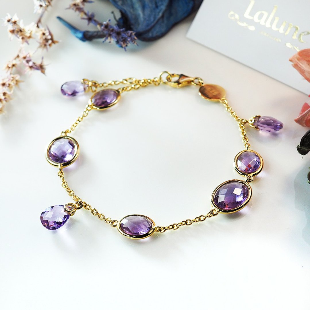 ||Violet 紫罗兰|| 花式切割紫水晶 925纯银镀黄K 水滴造型手链 - 手链/手环 - 贵金属 紫色