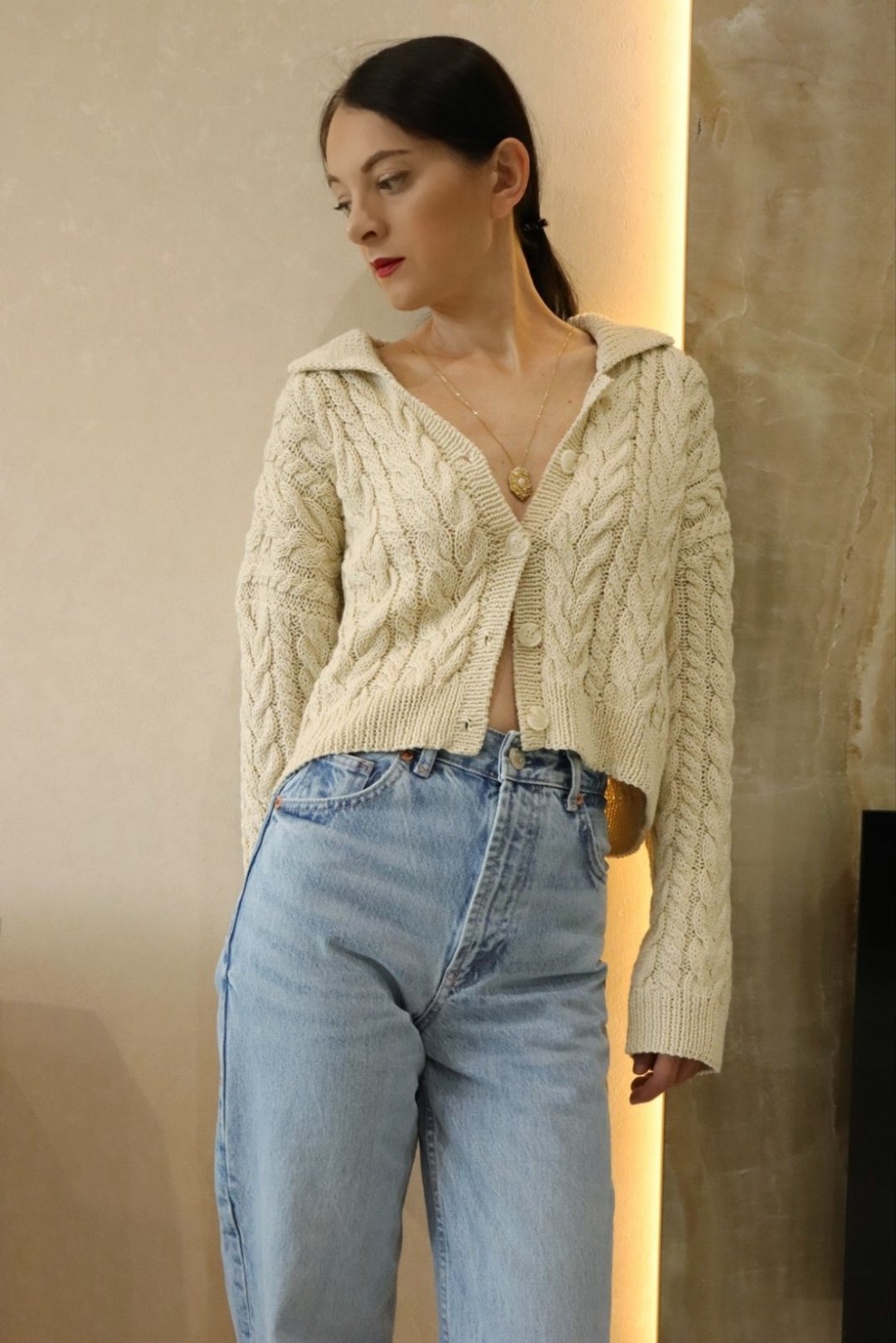 Cable knit cardigan with turn down collar Organic cotton cropped sweater jacket - 女装针织衫/毛衣 - 棉．麻 