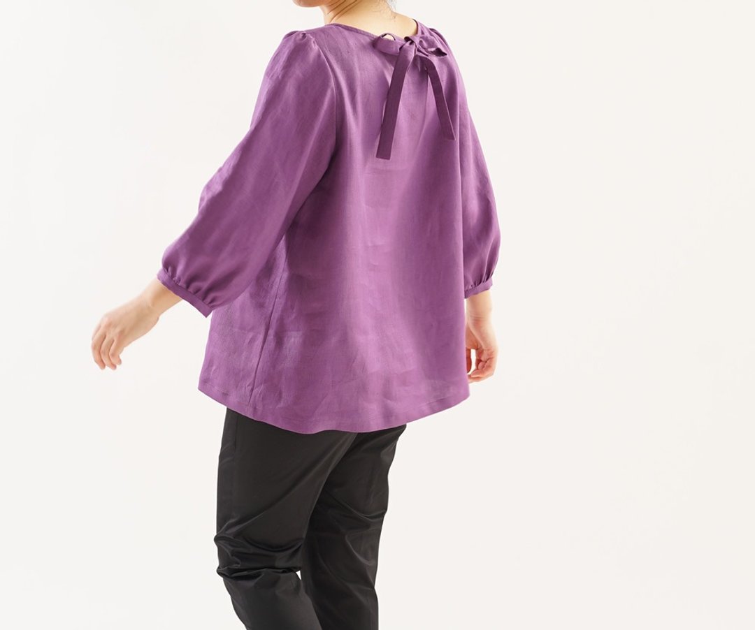 Linen A Line back ribbon Puff sleeve tunic / Rouge Terni a39-15 - 女装上衣 - 棉．麻 紫色