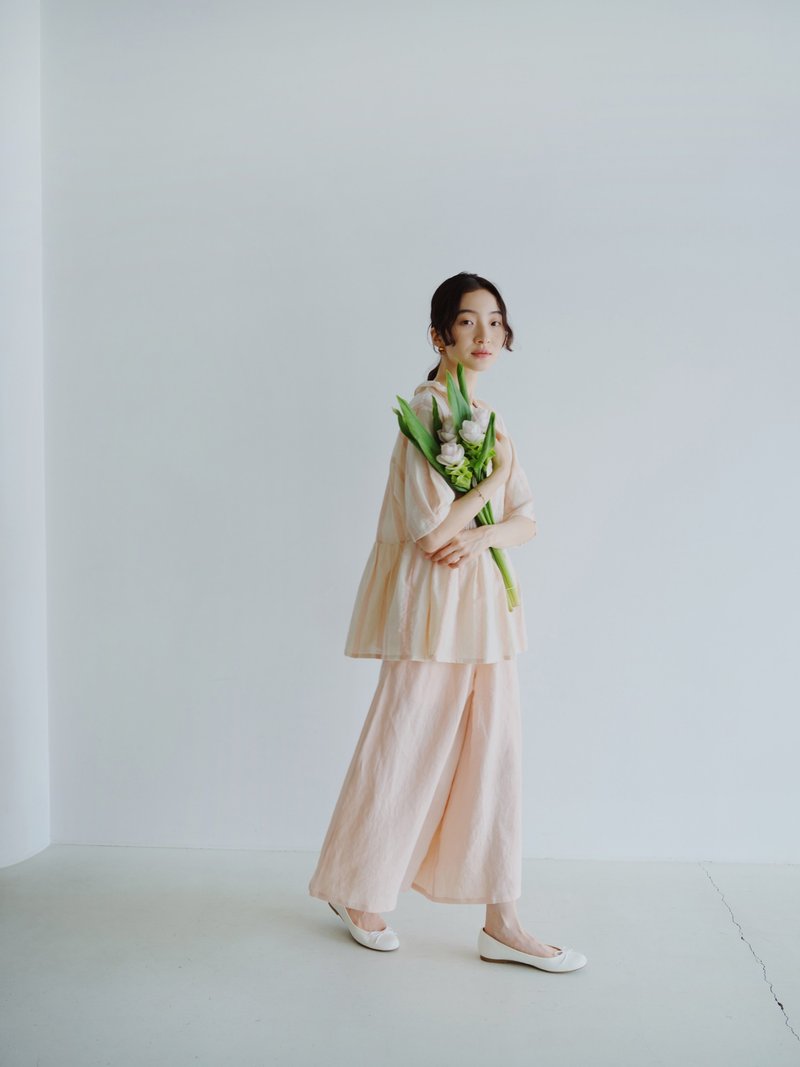 KOOW花瓣腰头日系阔腿裤 垂感砂洗亚麻八分裙裤 - 女装长裤 - 棉．麻 粉红色