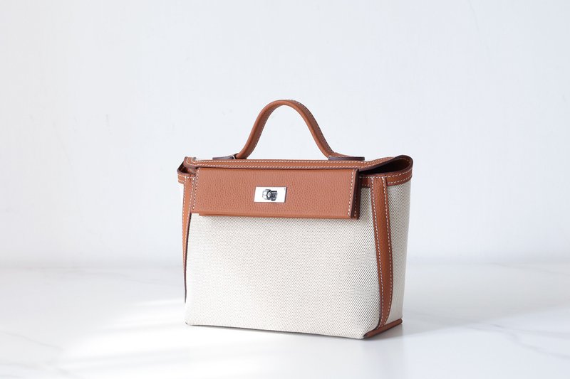 【帆布拼皮医生包】凯丽潮流女包包 手提包单肩小包百搭斜挎包 棕 - 侧背包/斜挎包 - 真皮 橘色