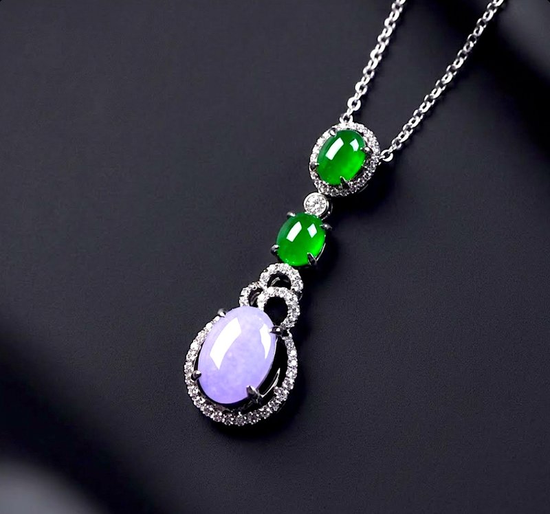 紫罗兰种翡翠蛋面项链 18K 金钻石 | 天然缅甸玉 A 货翡翠 | 送礼 - 项链 - 玉石 粉红色