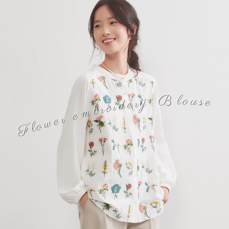 花园花卉刺绣长袖罩衫 - 女装衬衫 - 棉．麻 白色