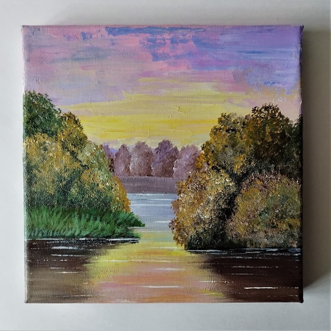 Acrylic Painting of Sunset Lake Landscape Art | Original Work | Wall Decoration - 墙贴/壁贴 - 压克力 多色