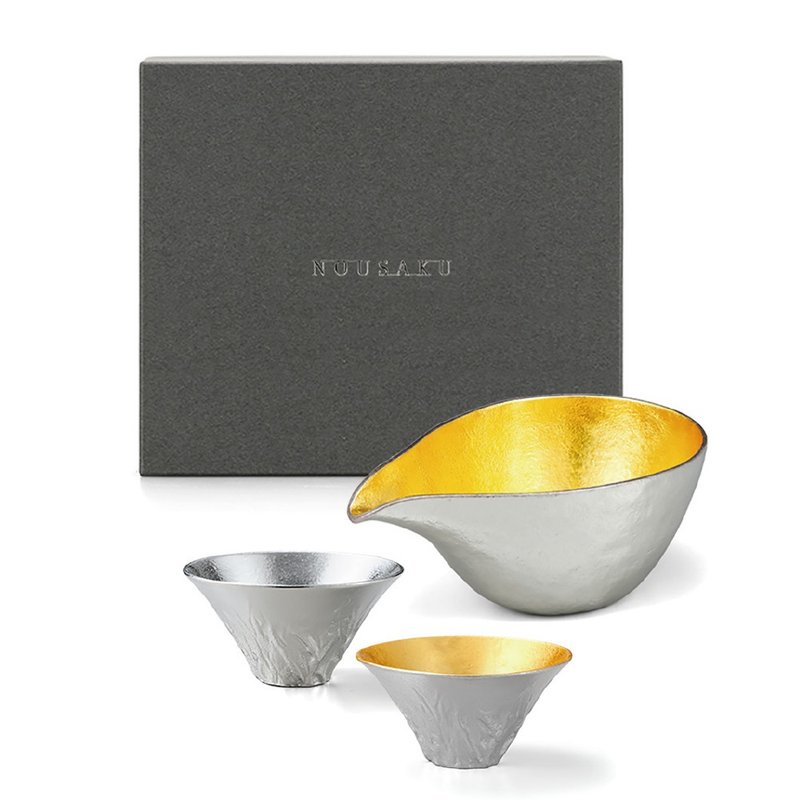 清酒具礼盒 (金箔片口盅L+富士山风情对杯) - 酒杯/酒器 - 贵金属 银色