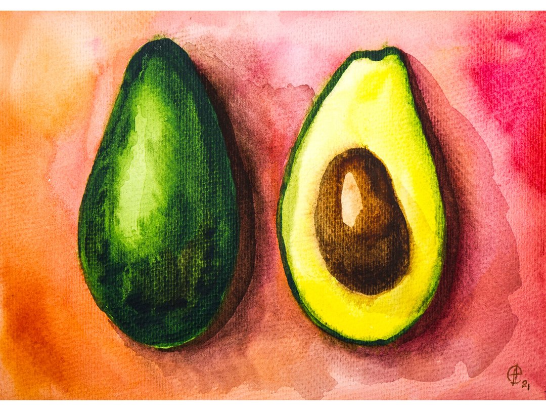 Avocado Painting Kitchen Food Still Life Original Art Fruit Watercolor Painting - 海报/装饰画/版画 - 纸 绿色