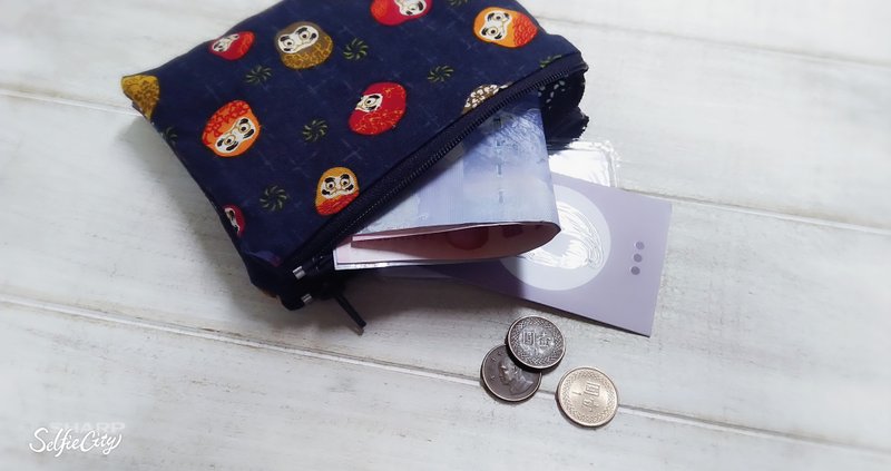 深蓝和风福神不倒翁双拉链零钱包 卡片包 收纳包 - 零钱包 - 棉．麻 蓝色