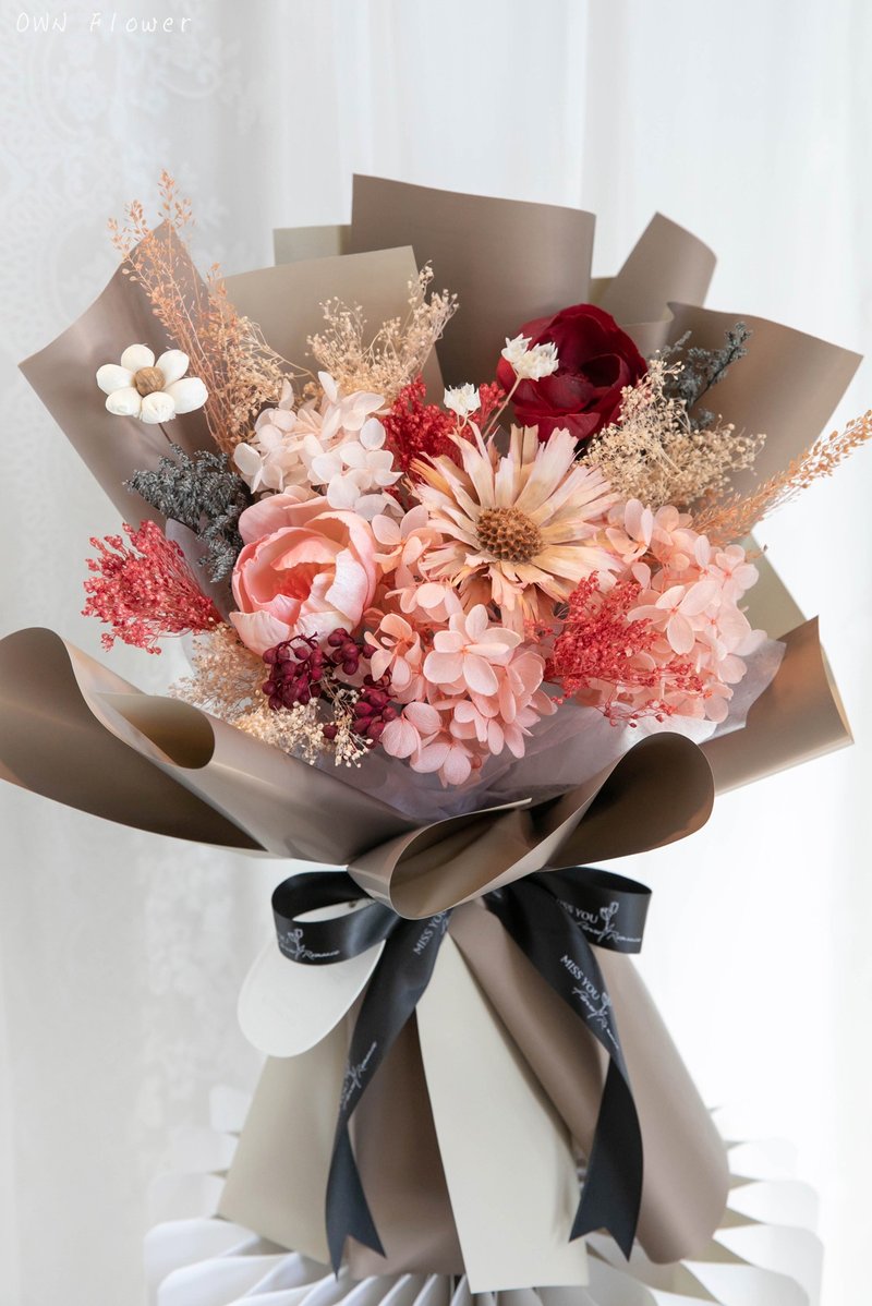 奶茶永生花束/索拉花束/干燥花束/女友花束/生日花束/情人节花束 - 干燥花/捧花 - 植物．花 卡其色