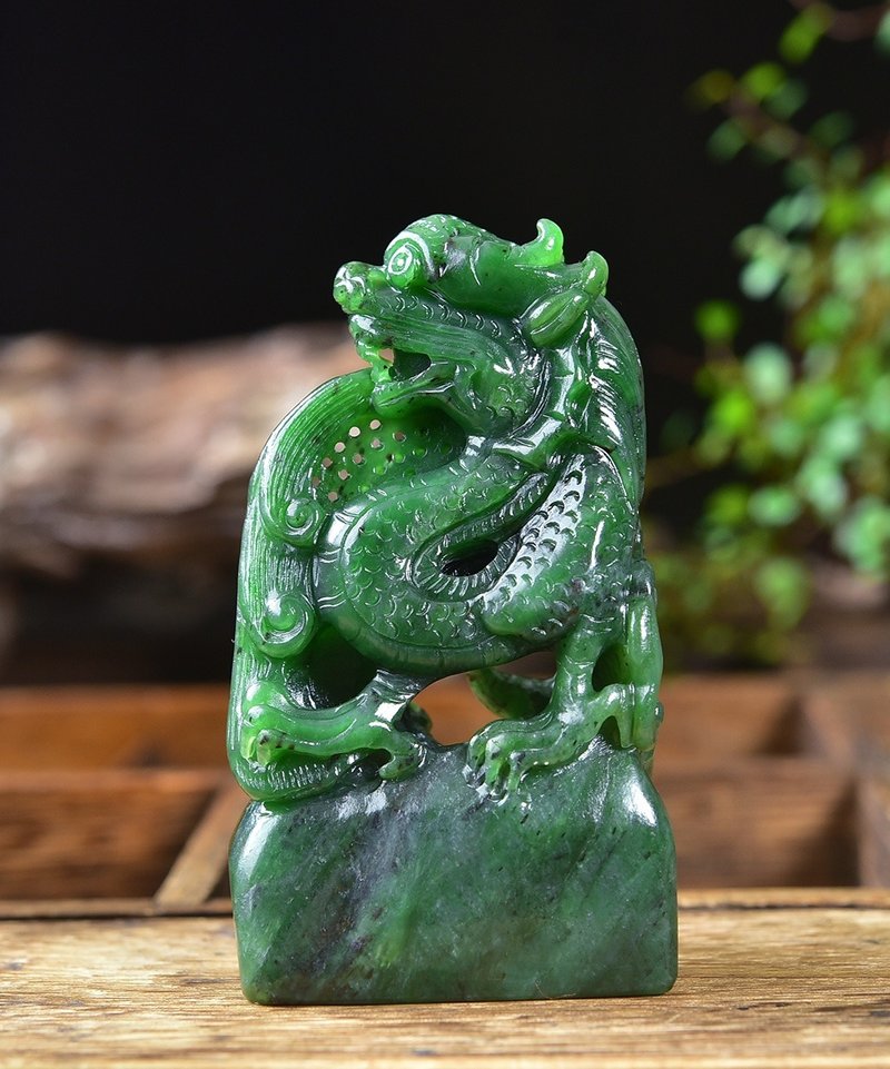 精品 非常精致漂亮的和田玉碧玉龙印章摆件 - 其他 - 玉石 