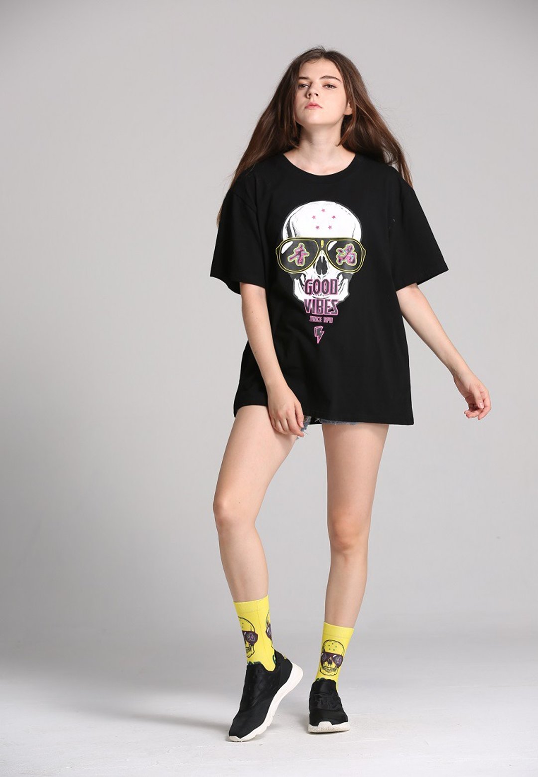 美国Fools Day Good Vibes White Print Tee - 中性连帽卫衣/T 恤 - 棉 黑色