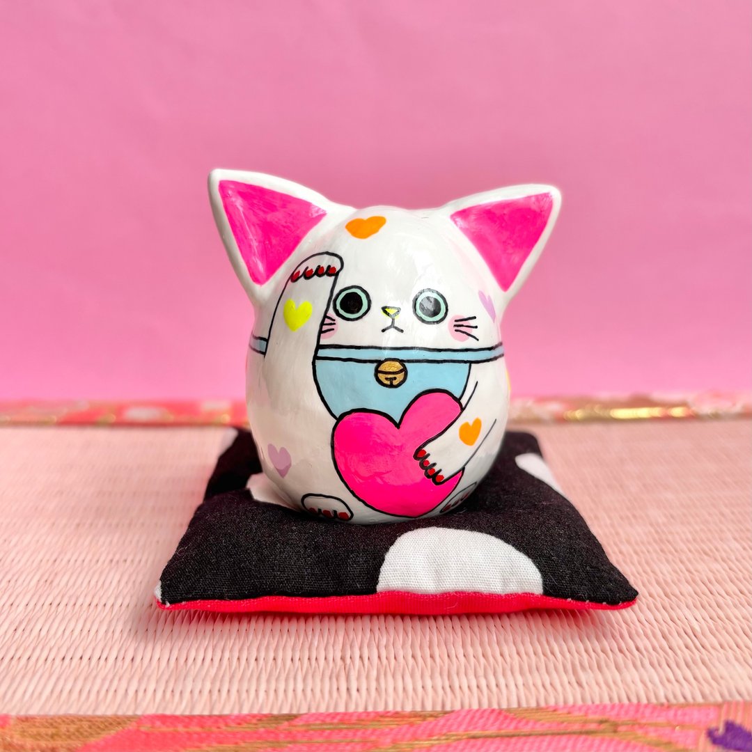 招财猫【大】粉红色的耳朵 心形 - 摆饰 - 粘土 粉红色