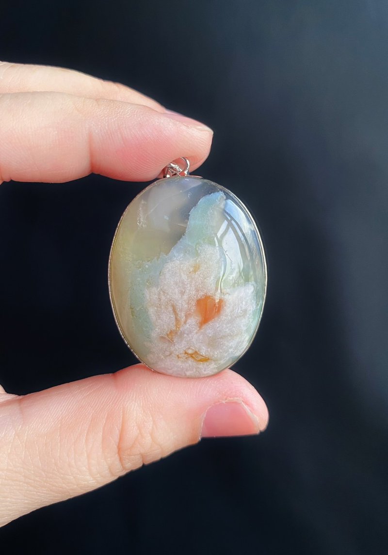 【售出】夏日樱花玛瑙 菜园子绿 白花带红心 S925银镶 天然石 礼 - 项链 - 水晶 绿色