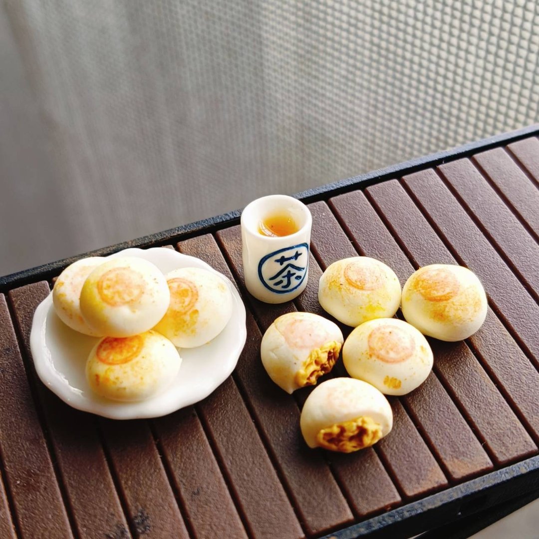 月饼 绿豆椪 茶 传统 甜点 袖珍 手作 迷你 食玩 微型 艺术 摆饰 - 摆饰 - 粘土 