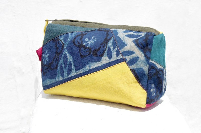 圣诞节礼物 限量一件 蓝染拼布收纳包 / 民族风包 / 相机包 / 木刻印化妆包 / 手机包 / 旅行手拿包 - indigo几何图纹 - 手拿包 - 棉．麻 多色