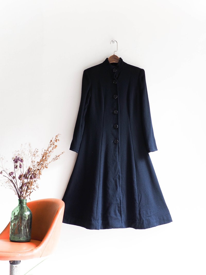 河水山 - 优雅经典黑立领伞状 古董羊呢毛质连身质长裙洋装 大衣外套 羊毛 毛呢 古着 wool overcoat overalls vintage dress - 女装休闲/机能外套 - 羊毛 黑色