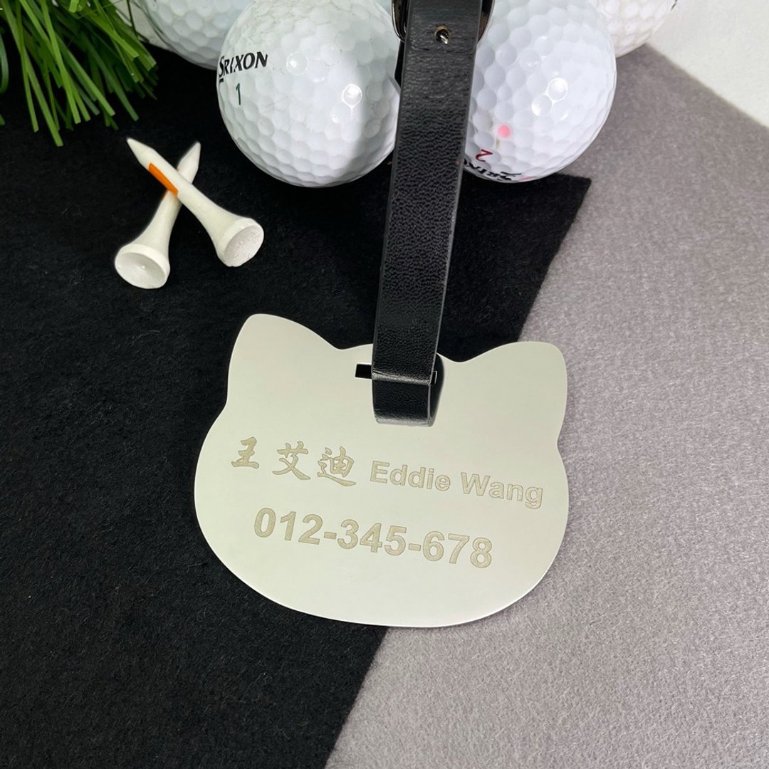 【FulgorJewel】定制化高尔夫球袋姓名牌 猫咪造型 免费单面刻字 - 行李吊牌 - 不锈钢 银色