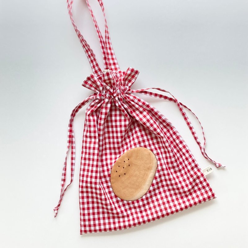 红豆面包与格子布束口袋 - 手提包/手提袋 - 棉．麻 红色