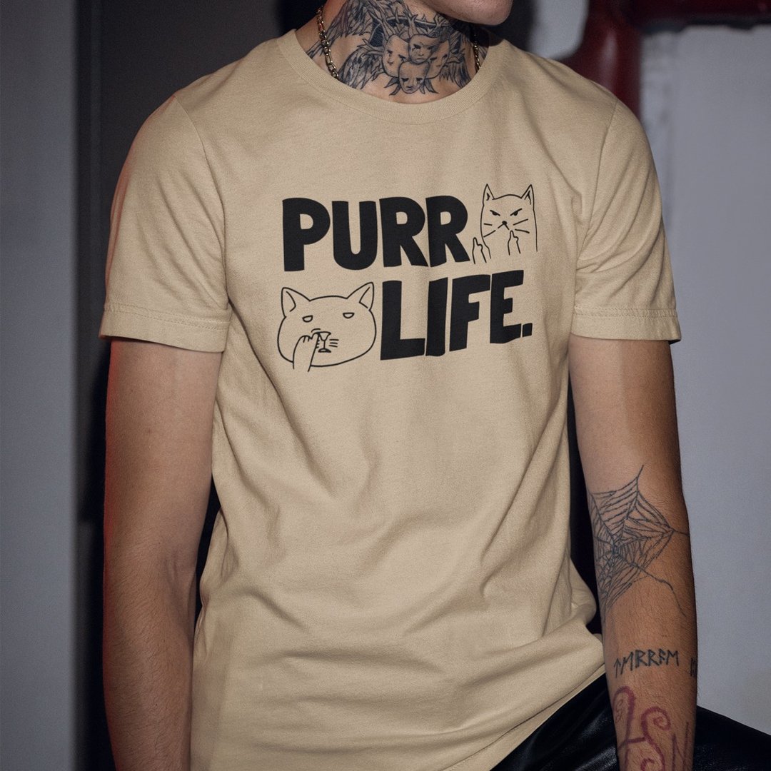 PURR LIFE 中性短袖T恤 卡其色 休闲礼物穿搭猫咪毛小孩圣诞交换 - 男装上衣/T 恤 - 棉 卡其色