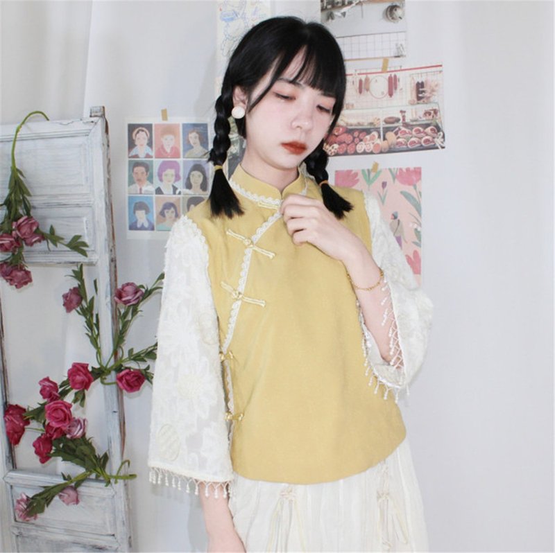 黃色 假兩件高彈提花拼接唐裝上衣 新中式中秋春節改良連身裙洋裝 - 女装上衣 - 其他人造纤维 黄色