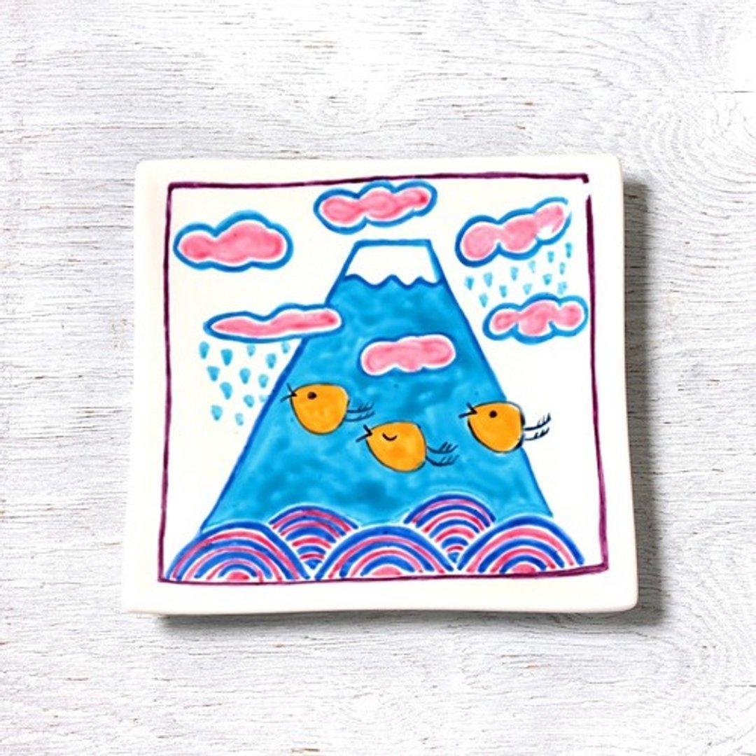 Pop Mt. Fuji and wave plover (summer) square plate - 浅碟/小碟子 - 陶 