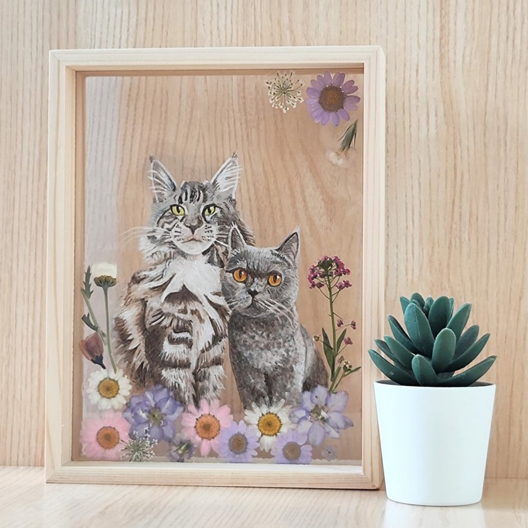 手绘猫咪の花花世界|定制化.细压克力干花画框|宠物纪念 居家装饰 - 摆饰 - 塑料 