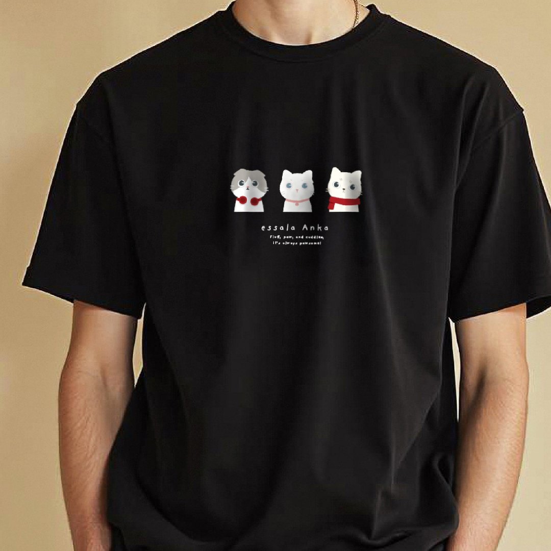 Essala T-Shirt 可爱猫咪印花T恤 - Anka06 - 男装上衣/T 恤 - 棉 黑色