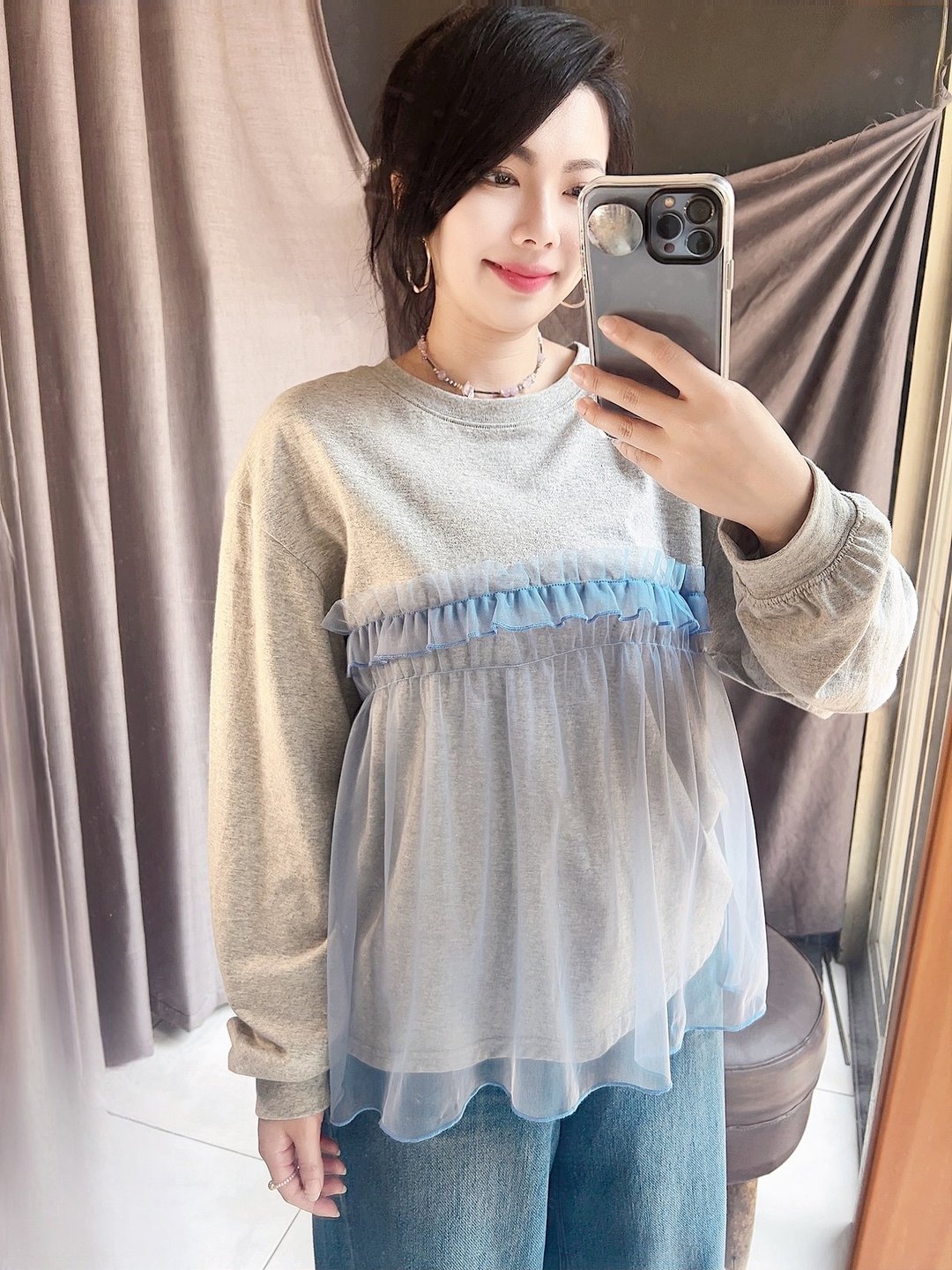 灰婴儿蓝x白樱花粉两色 棉x纱异材质拼接 廓形 挺度 圆领长袖上衣 - 女装上衣 - 棉．麻 多色