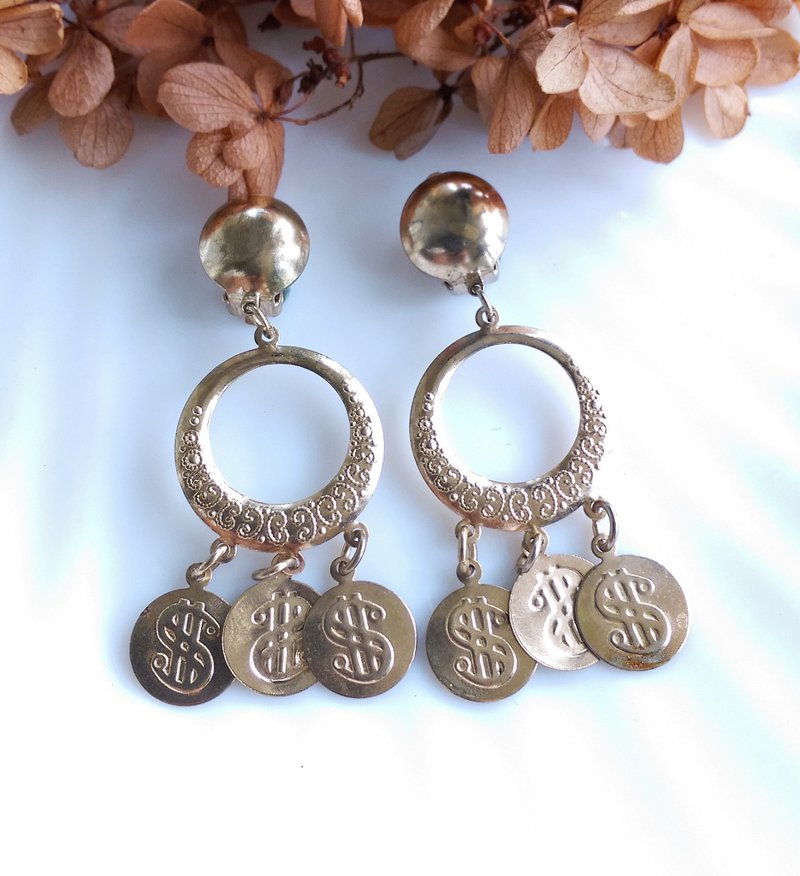 Vintage Jewelry 西洋古董饰品 钱币符号 摇曳 垂坠 夹式耳环 - 耳环/耳夹 - 其他金属 金色