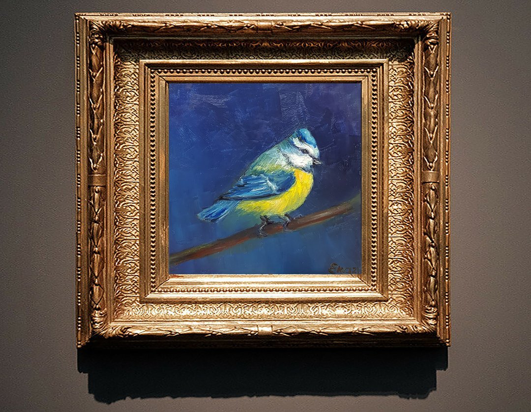 Blue Tit Painting Chickadee Original Art Bird Oil Painting Woodland Animal 6 x 6 - 墙贴/壁贴 - 其他材质 蓝色