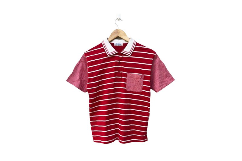 80年代女用有领短袖polo衫，Jentzen品牌，红条纹。 - 女装衬衫 - 棉．麻 红色