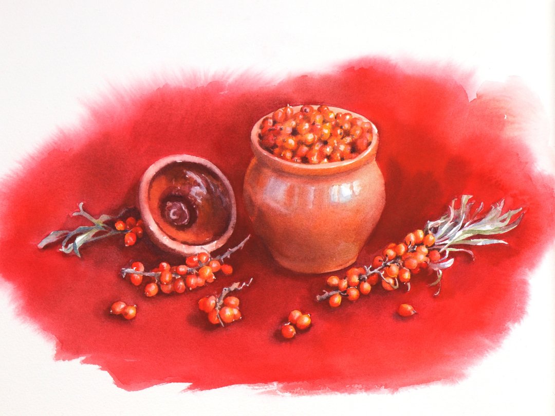 Sea buckthorn in a pot original watercolor painting by artist Irina Zhunaeva - 墙贴/壁贴 - 纸 红色