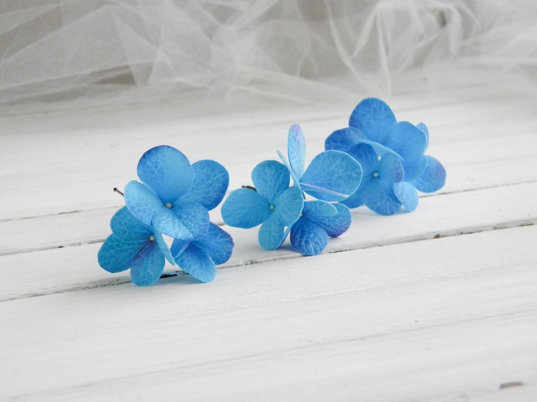 Blue flower hair pins bride Hydrangea wedding hair piece - 发饰 - 其他材质 蓝色