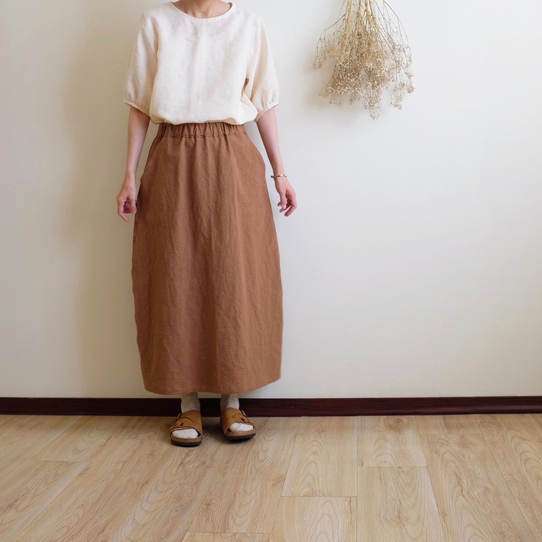 日常手作服 自然金棕色小锥形长裙 水洗棉麻 - 裙子 - 棉 咖啡色