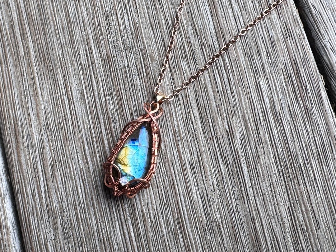 #20260149 wire wrapping 拉长石 铜线 绕线 吊堕 - 项链 - 铜/黄铜 蓝色
