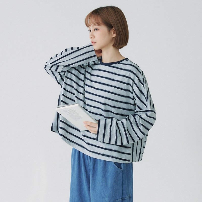 【Simply Yours】针织条纹拼接上衣 灰F - 女装上衣 - 棉．麻 灰色